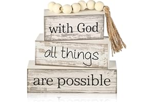 Yuntau 4 Pcs Farmhouse Wooden Tabletop Decor Farmhouse Tiered Tray Decor Rustic Retro Wood Bead Garland with God All Things are Possible Block Sign Neutral Centerpiece Sign for Home Shelf Mantle