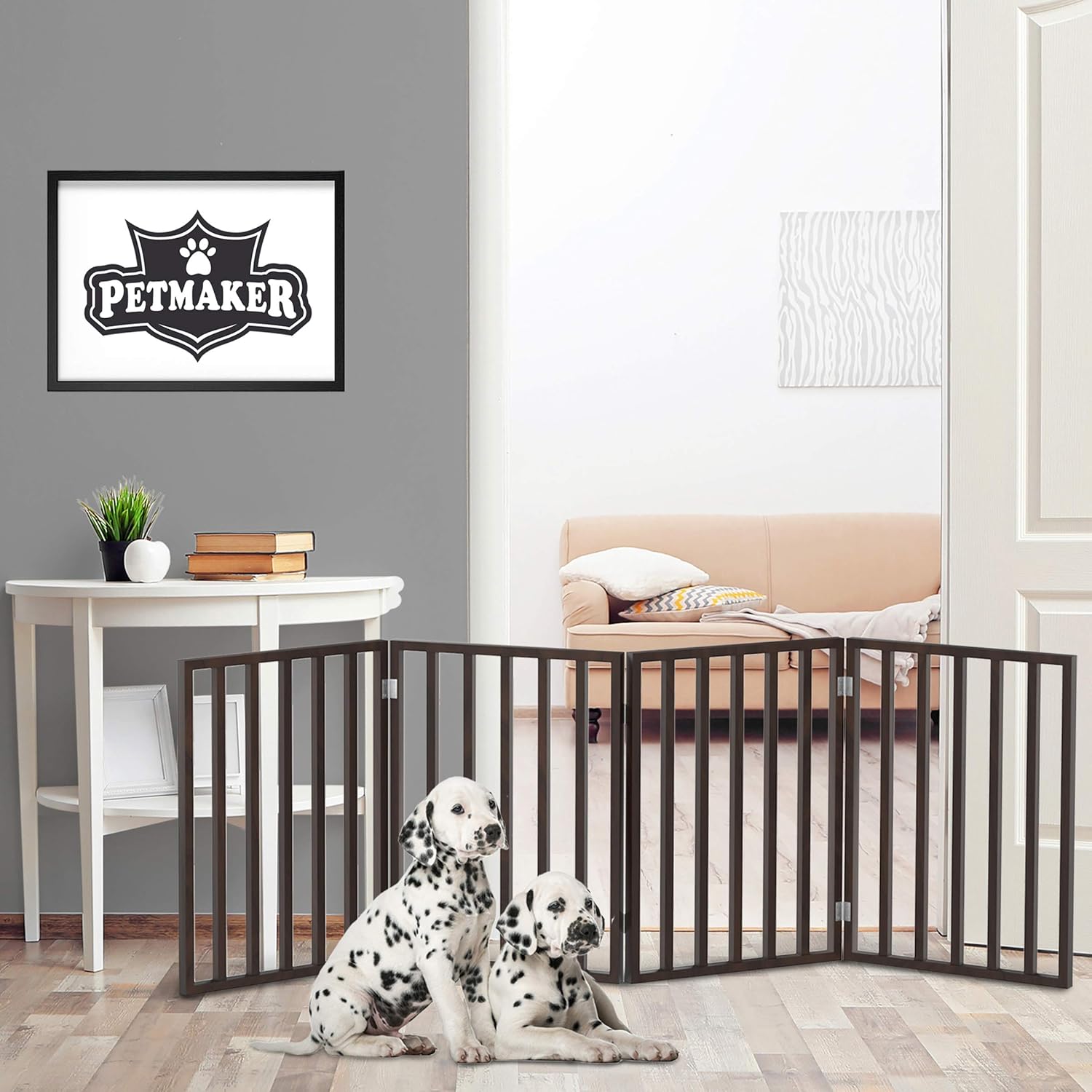 PETMAKER Wooden Pet Gate- Foldable 4-Panel Indoor Barrier Fence, Freestanding & Lightweight Design for Dogs, Puppies, Pets- 72 X24 (Brown Stain) : Pet Supplies