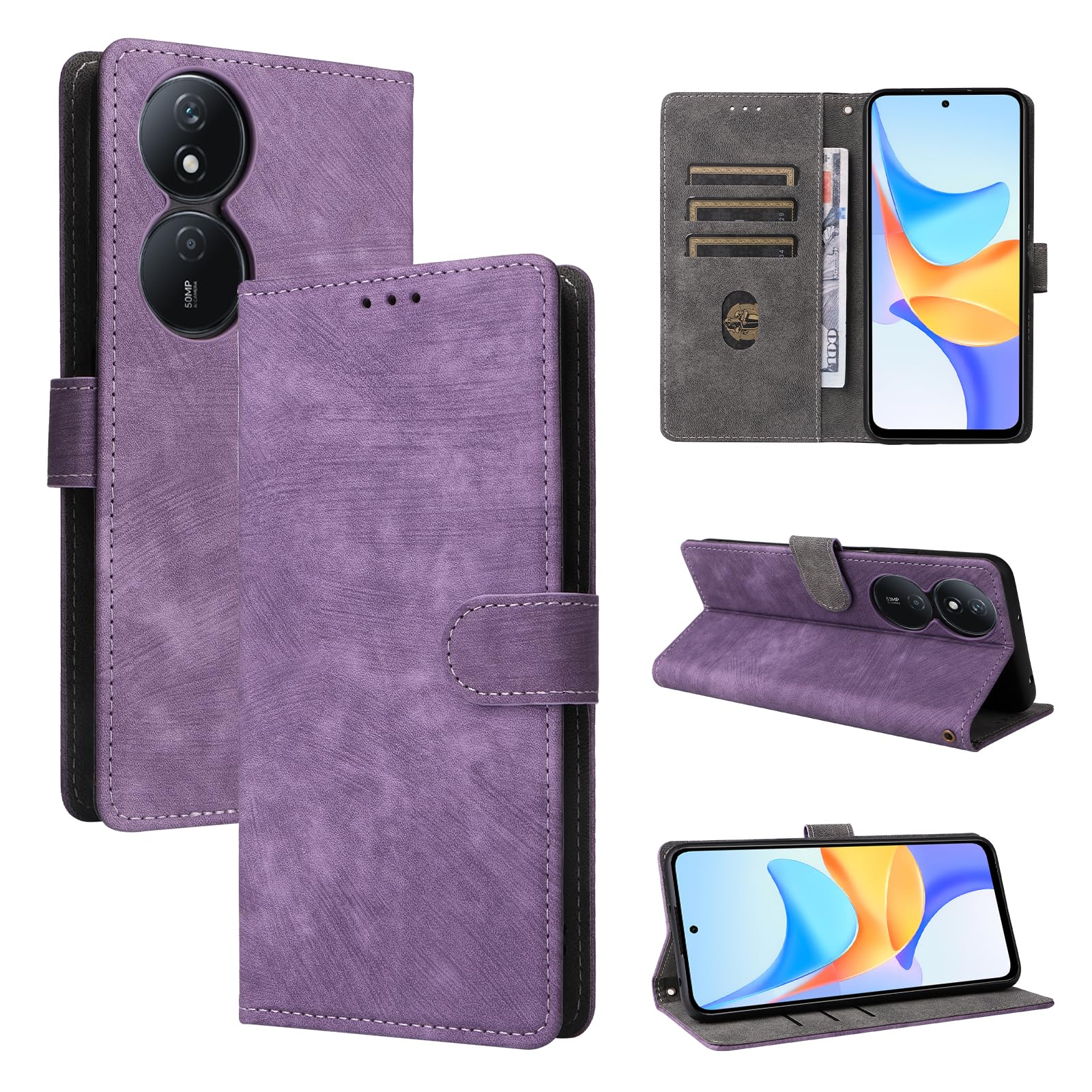 BELLA BEAR Honor X7B Case, [RFID Blocking] Honor X7B Wallet Case, with [Card Holder][Kickstand Function], Case for Honor X7B-Purple