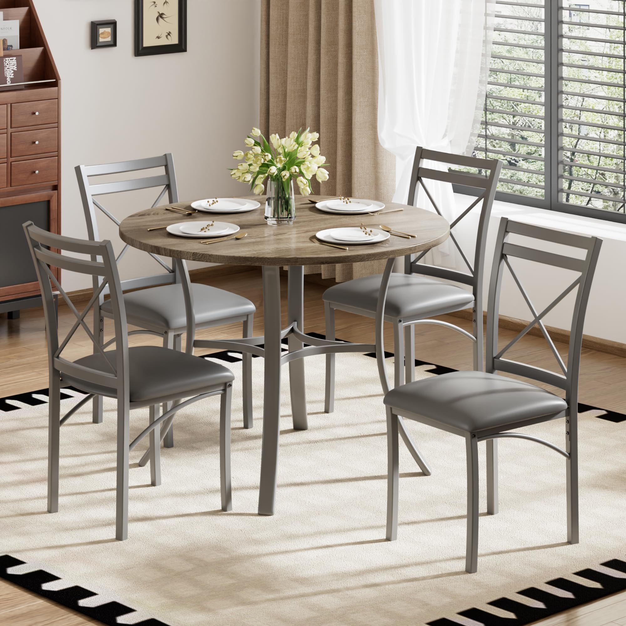 Photo 1 of MISSING SCREWS --------------------------------------------------PARTIAL SET---TABLE ONLY!!!! VECELO 5 Piece Dining Table Set for 4 with Chairs, Wood Grain Tabletop, Small Space, Kitchen, Breakfast Nook, Grey