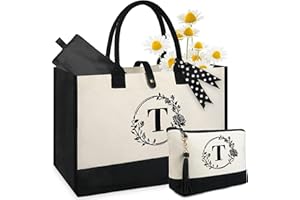 BeeGreen Monogram Initial Canvas Bag with Inner Zipper Pocket Embroidery Personalized Tote for Mom Teacher Friend