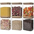 Liuruiyu Glass Storage Jars 12 * 8cm [Set of 6],Clear Glass Food Storage Containers with Airtight Bamboo Lid Stackable Kitchen Canisters for Candy,Cookie,Rice,Sugar,Flour,Pasta(Square)