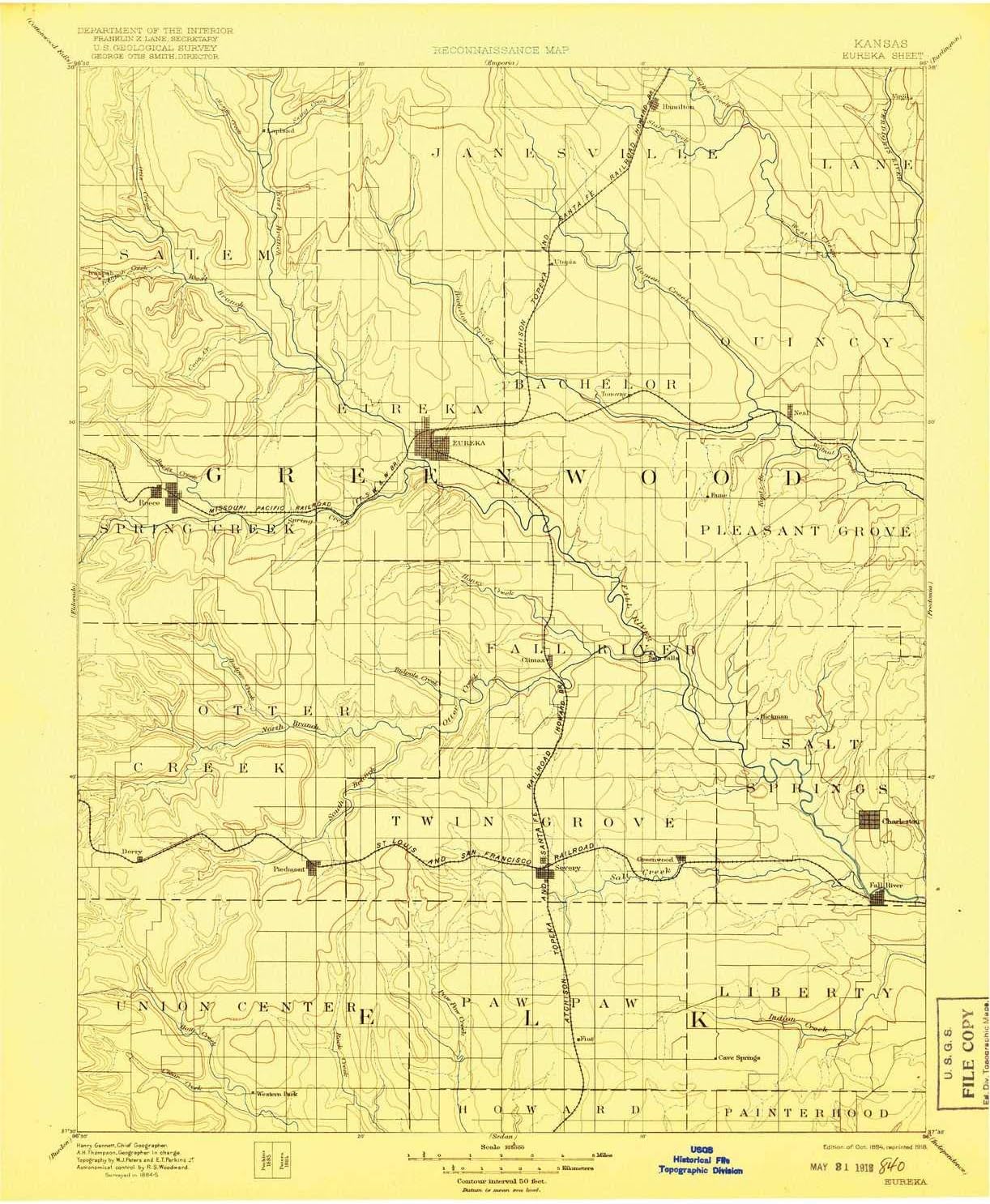 YellowMaps Eureka KS topo map, 1:125000 Scale, 30 X 30 Minute, Historical, 1894, Updated 1918, 19.94 x 16.25 in