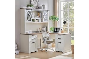 RedLemon 60" Farmhouse L Shaped Desk with Hutch, Wood Home Office Executive Desk with Drawer, Charging Station, File Drawer, Storage Cabinet, Rustic Writing Computer Desk (Antique White)