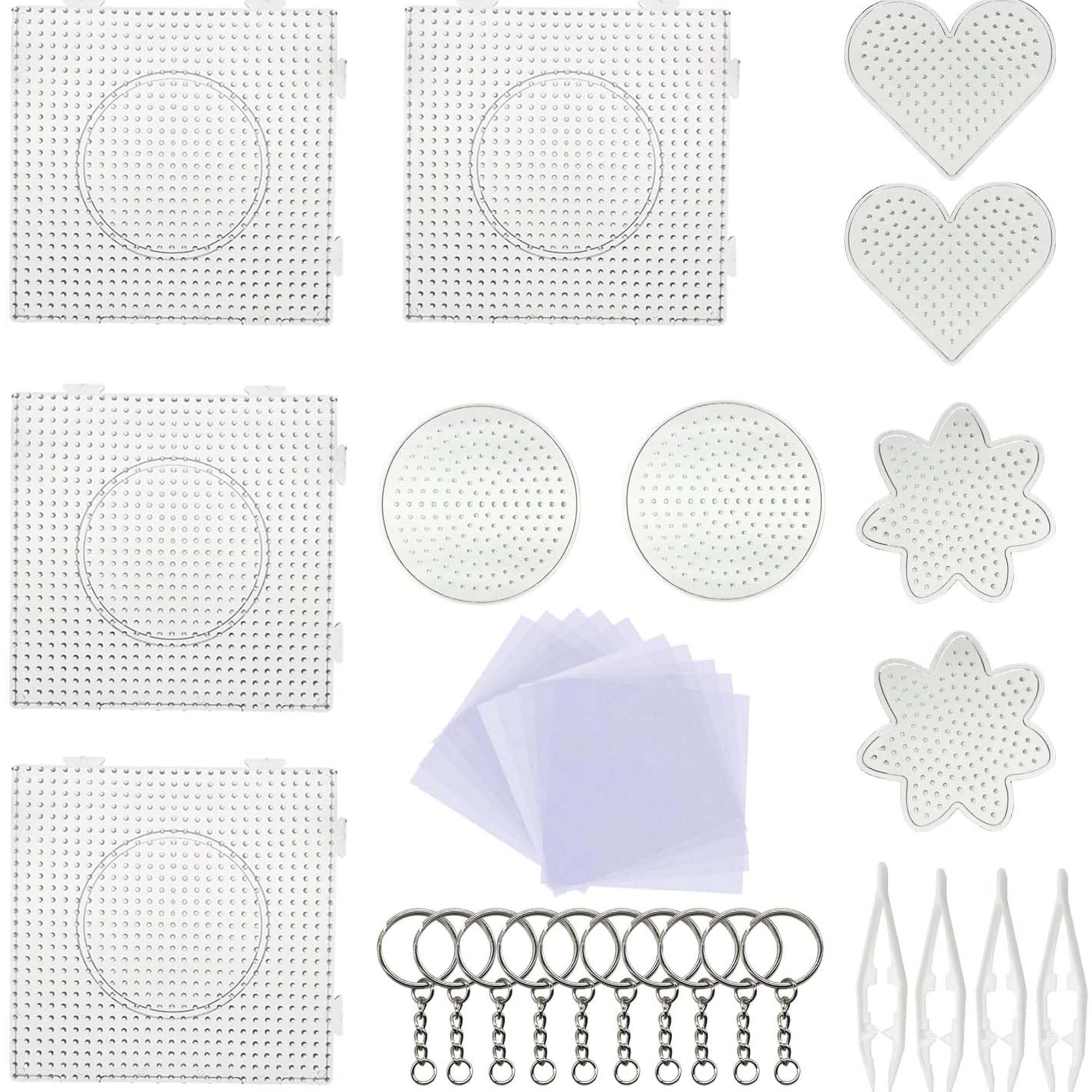Allazone 5 mm 10 Pack Fuse Beads Boards, Large Round Square Clear Plastic Pegboards with 6 PCS White Beads Tweezers, 10 PCS Ironing Paper and Keychain for Craft Supplies