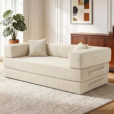 Divano letto disossato, in velluto a coste di alta qualità, 200 cm, divano pieghevole 5 in 1 a 3 posti, con 2 cuscini in schiuma, per soggiorno, bianco