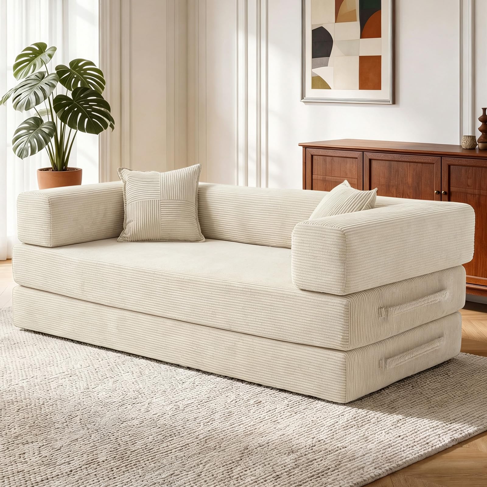 Divano letto disossato, in velluto a coste di alta qualità, 200 cm, divano pieghevole 5 in 1 a 3 posti, con 2 cuscini in schiuma, per soggiorno, bianco
