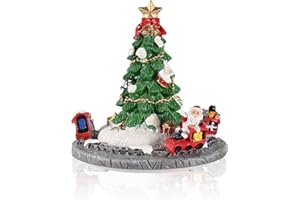iStatue Rotating Musical Christmas Tree Figurine – Resin Holiday Decoration with Santa Train, Plays “Merry Christmas” Song, 6” Tall Spinning Xmas Gift (Xmas Tree)