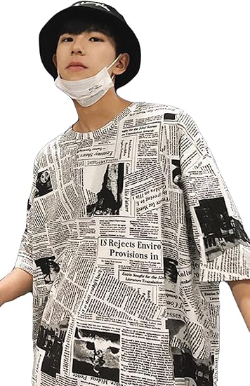 Amazon ニカ メンズ Tシャツ カジュアル ニュース柄 Tシャツ 半袖 メンズ 夏 薄手 ファッション おしゃれ 高品質 ゆったり Tシャツ黒t1 Tシャツ カットソー 通販