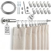 UrbanRed Curtain Wire Rod Set 16.4 ft Stainless Steel Rod Set with 24 Clips | Wire curtain hanging system, strong wire curtain rod for bedrooms, living rooms, offices and creative wall displays