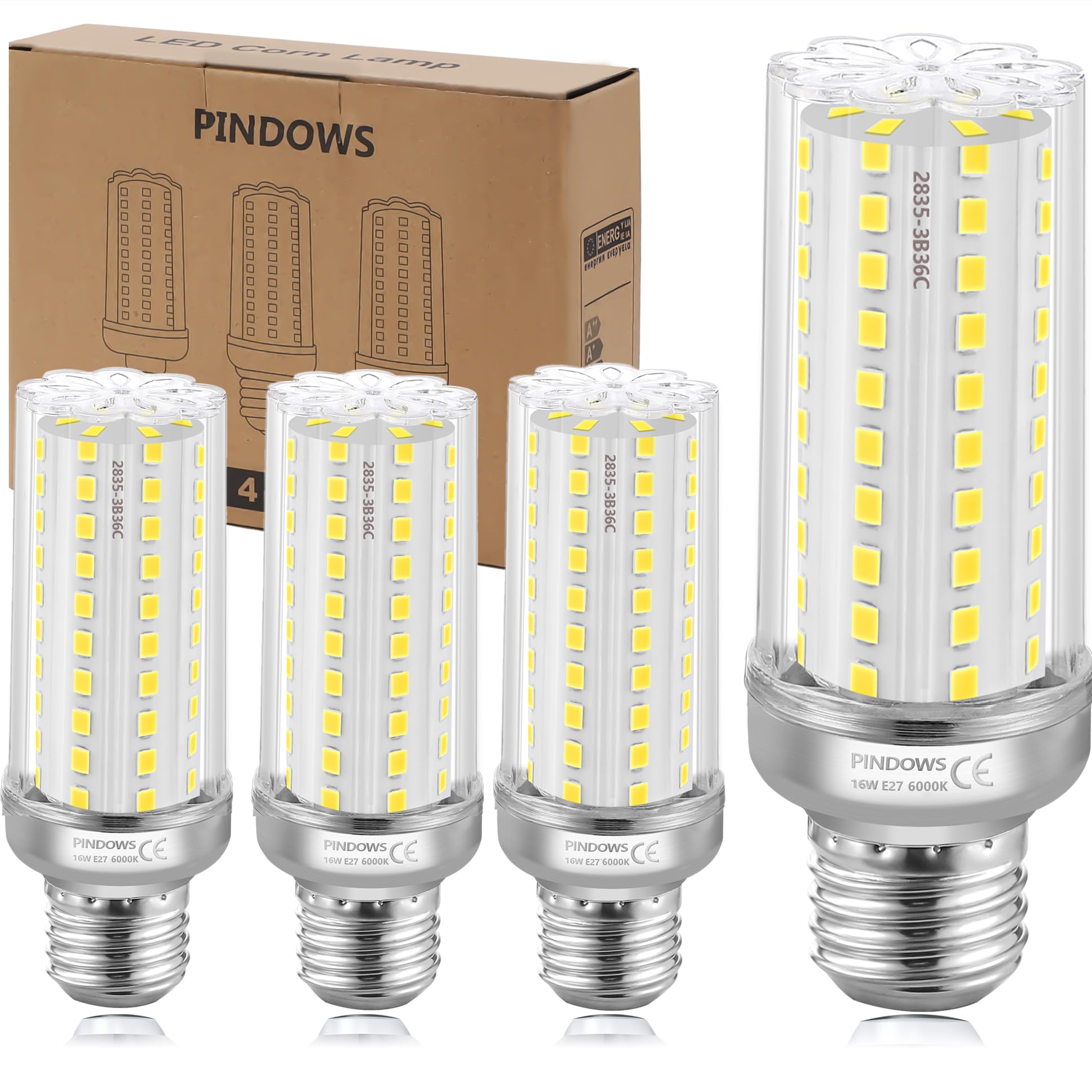 PINDOWS 16W LED Corn Bulbs E27, Cool White 6000K, 150W Equivalent, High Bright 1900LM, Replace 120W~150W, CRI 80+, Non-Dimmable, 4-Pack