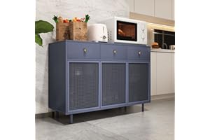 AVZEAR Sideboard Buffet Cabinet, 47.24" Rattan Storage Cabinet Modern Kitchen Storage Cabinet with 3 Drawers and 3 Doors Storage Drawer File Cabinet for Kitchen, Living Room, Blue