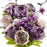FiveSeasonStuff Dusty Purple & Greenery Accents Artificial Peony Bouquet, Two Coordinating Faux Silk Flower Bundles with Hydrangeas