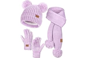 Remifa Kids Winter Hat Gloves Scarf Set, Toddler Girls Boy Fleece Lined PomPom Beanie Hat Kint Neck Long Scarf Warm Mittens