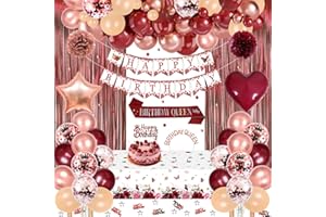 Burgundy Rose Gold Birthday Decorations Set, Happy Birthday Banner, Sash Tiara Crown, Latex Star Heart Foil Balloons, Fringe 