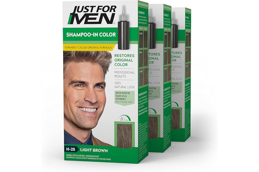 Just For Men Shampoo In Color, Hair Color for Men with Keratin and Vitamin E for Stronger Hair, Restores Natural Hair Color, Light Brown, H-25, Pack of 3