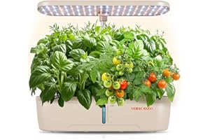 SUNCOZE Hydroponics Growing System Kit 12 Pods, Indoor herb Garden with 20W LED Grow Light, Visible Water Tank with Pump, 2.2"-12.4" Adjustable Height Indoor Gardening System, Gardening Gifts, Beige
