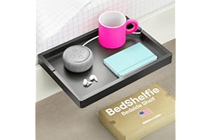 BedShelfie Wood Bedside Shelf for Bunk Bed & Top Bunk, College Dorm Room Essentials, Loft Nightstand, Floating Bed Side Table Tray Storage, Dorm Room Decor by Smallish - (Flexfit Bamboo Model, Black)