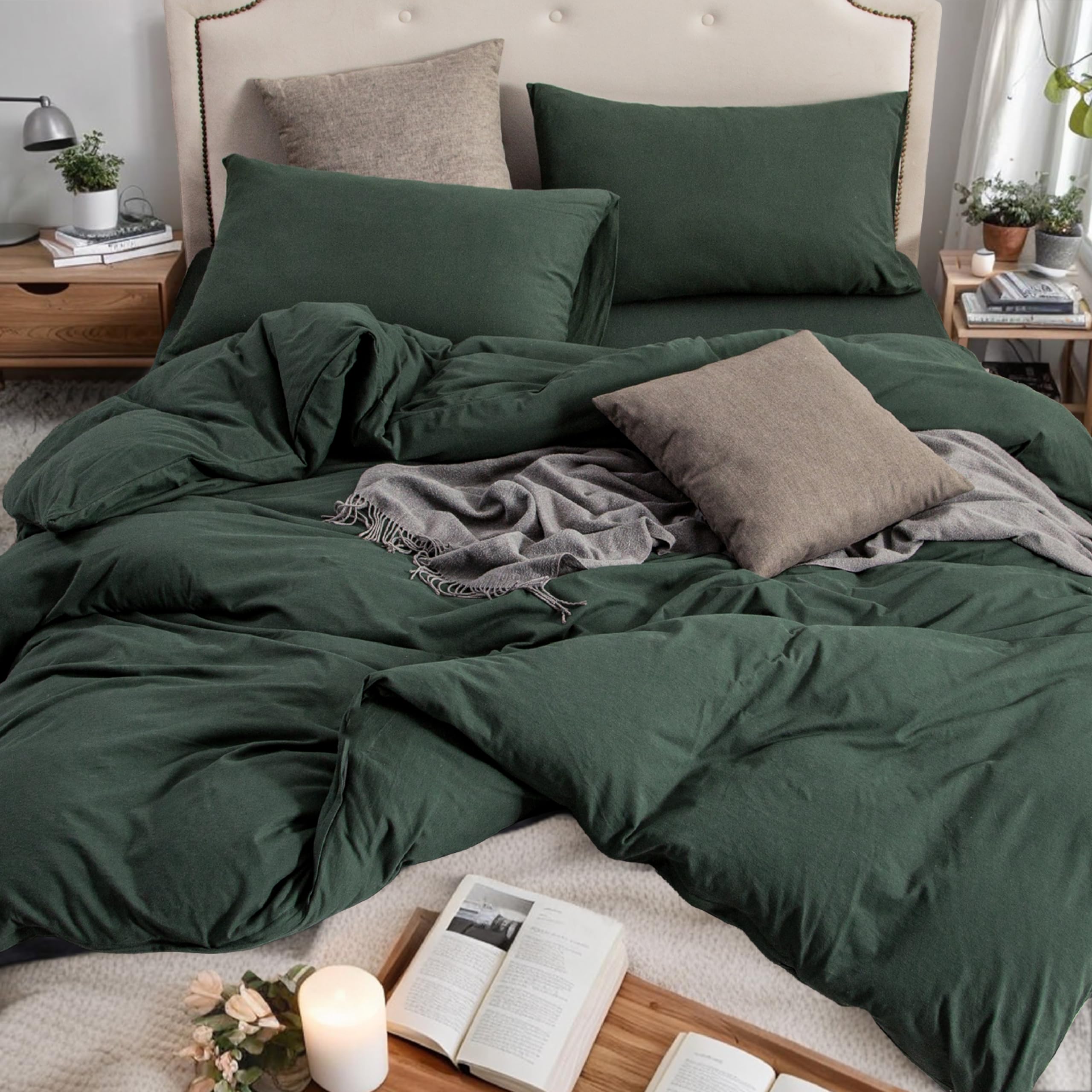 Photo 1 of PURE ERA Jersey Knit Forest Green Duvet Cover Set 100% T-Shirt Cotton Super Soft Comfy 3pc Bedding Set with Zipper Closure (Solid Forest Green, King, 104'' x 90'')
