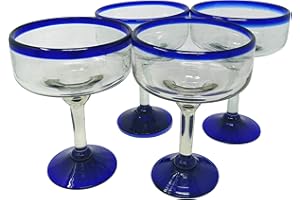 Dos Sueños Mexican Hand Blown Glass - Set of 4 Hand Blown Margarita Glasses - Cobalt Blue Rim (16 oz)