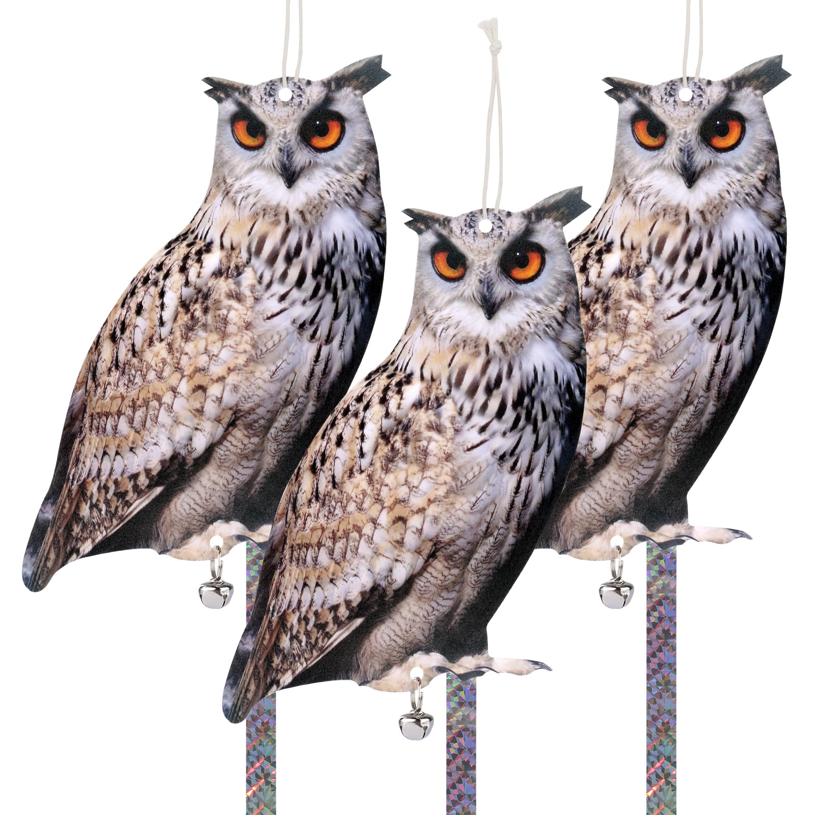 Lifreer Owl Decoy to Scare Birds Away, 3PCS Bird Scare Device Reflective Hanging Bird Decoration Effective Bird Control Device to Keep Birds Pigeon Woodpecker Away from Patio Garden