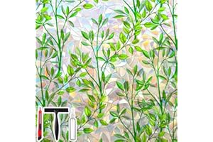 SAVVY CHOICE Window Privacy Film with Cutting Grid, Non-Adhesive Stained Glass Window Film Decorative, Static Cling Privacy Window Film (Leaf Rainbow,17.5 X 78.7 inch)