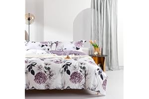 MILDLY 100% Long-Staple Cotton Duvet Cover Set Purple Hydrangea Lotus Flower Pattern Printed Comforter Cover 3pcs, Ultra Soft & Breathable Bedding Set
