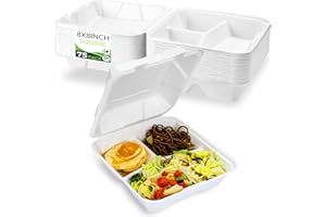 BIRCHIO 75 Pack Clamshell To Go Containers (3 Compartment - 8”x8”), Heavy Duty Disposable Take Out Containers with Lids, 100% Composatble Made of Plant Fiber, White