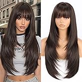 Allbell Dark Brown Wigs for Women 4x4 Realistic Scalp Free Parting Long Straight layered Wig With Bangs 26 inch Natural Looking Wig Synthetic Heat Resistant Fiber for Daily Party Use