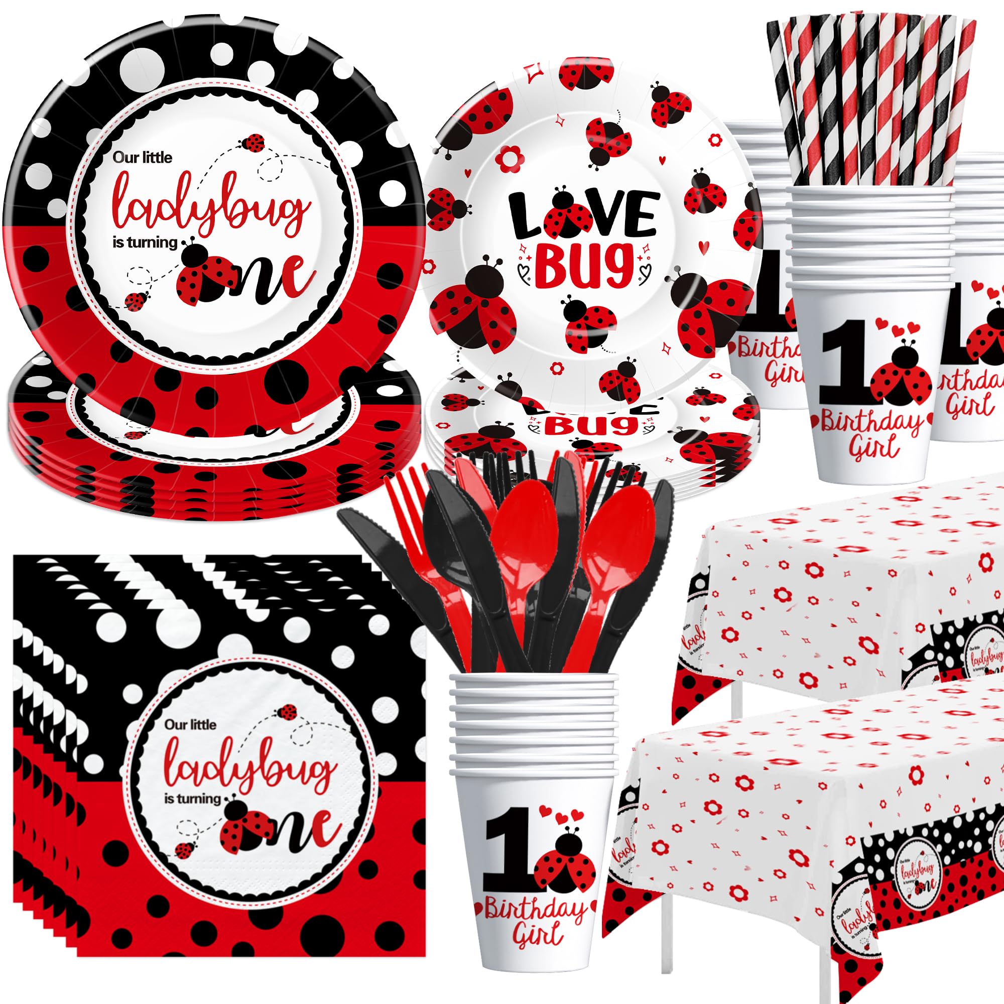Photo 1 of Xenorik Ladybug First Birthday Party Decorations Tableware - Our Little Ladybug Is Turning One Party Supplies, Plate, Cup, Napkin, Tablecloth, Cutlery, Lady Bug 1st Birthday Party Supplies | Serve 24