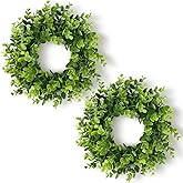 DDHS 11 Inch Artificial Boxwood Small Wreath for Front Doors, 2 Packs Green Leaves Wreath, Spring Summer Mini Wreaths for Indoor Outdoor Hanging Wall Window Wedding Home Decor Party Farmhouse