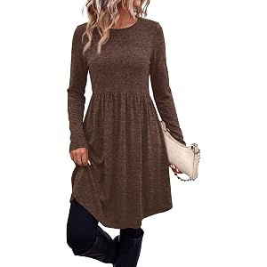 OFEEFAN Womens Long Sleeve Fall Dresses with Pockets Crew Neck Babydoll Casual Winter Dress 2026