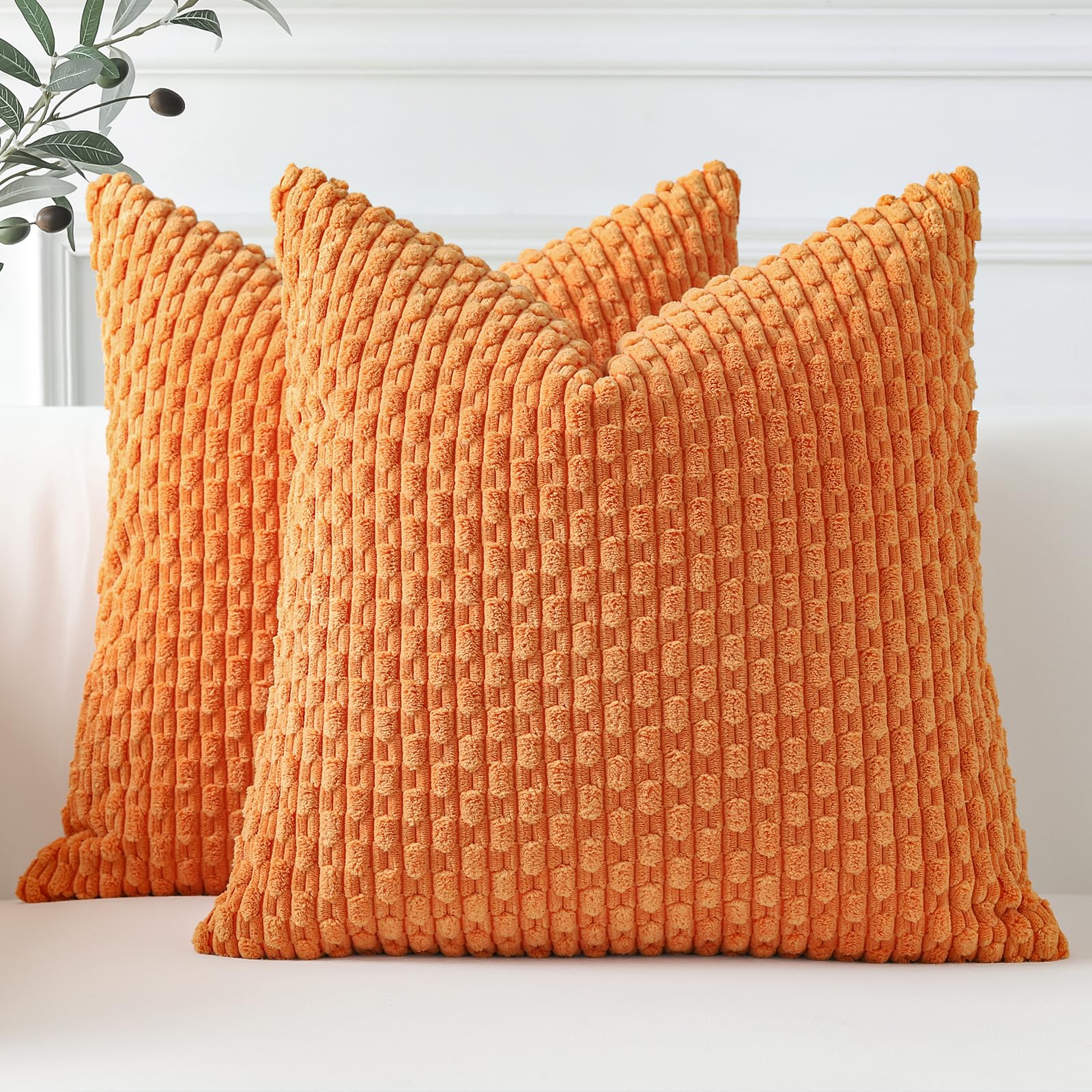 Sungeek Set of 2 Orange Soft Corduroy Decorative Cushion Covers Boho Striped Throw Pillow Covers for Sofa Couch Living Room Patio Farmhouse Home Decor Pillowcases 55x55cm