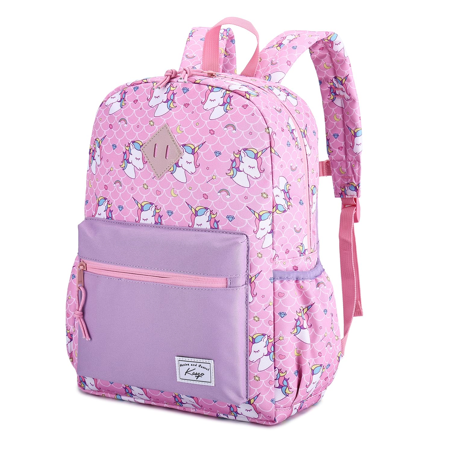 Kasgo Kids Backpack for Girls Ages 6-9, 13L Lightweight Y1 Primary School Bag, Fits A4 Folder, Water-Resistant, with Chest Strap & Water Bottle Holders Pink Unicorn