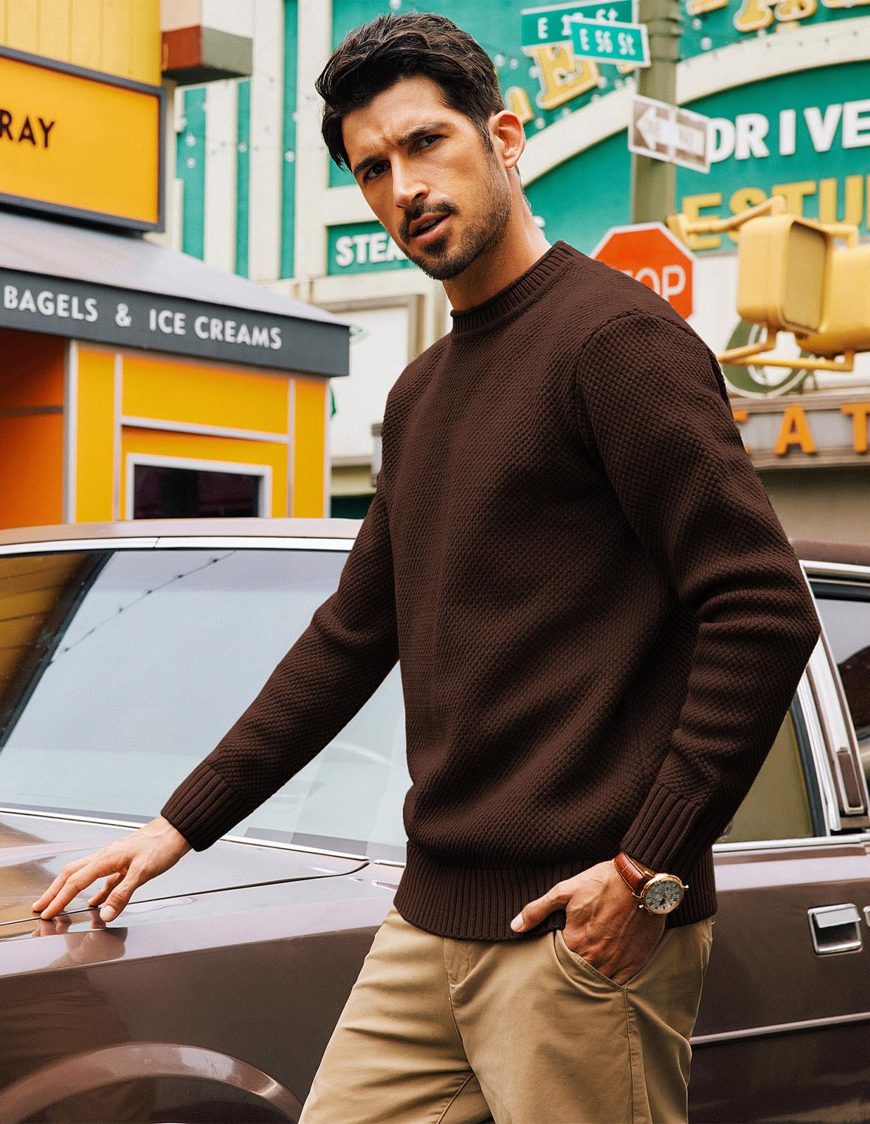 PJ PAUL JONES Herren Feinstrick Pullover Regular Fit Langarm Gerippte Mode Zopfstrickpullover (Dunkelbraun, L) 2