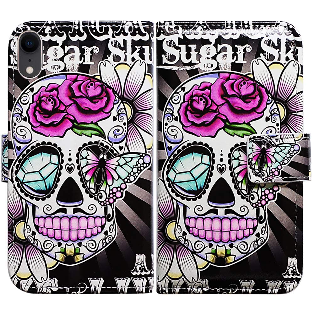 Bcov iPhone XR Case, Purple Flower Sugar Skull Folio Case Wallet Leather Cover Case with ID Credit Card Slot Holder Stand For iPhone XR