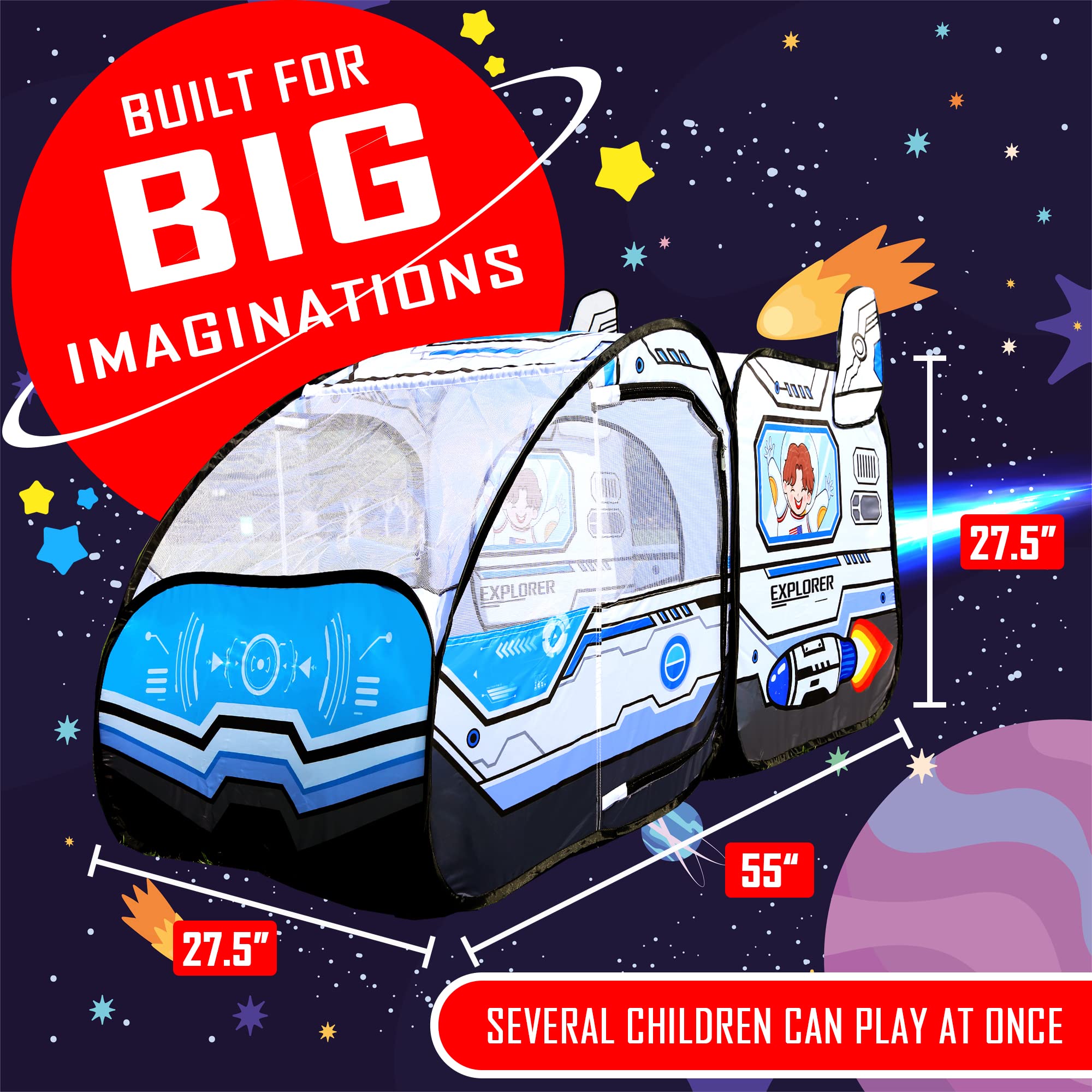 Kids Pop Up Play Tent - Spaceship Indoor Outdoor Rocket Ship Playhouse Games Party Foldable Tent Birthday Toy for Boys Girls Toddler