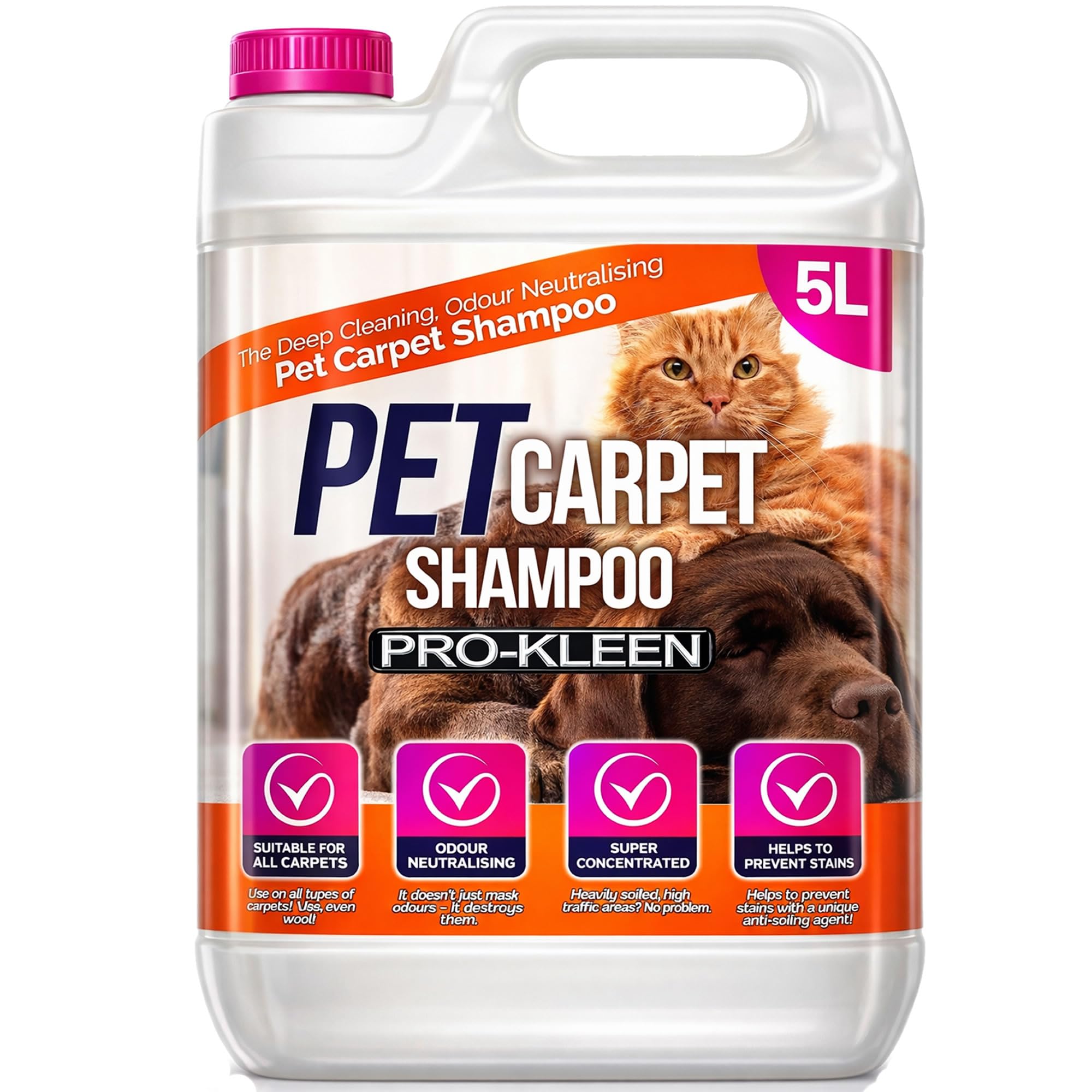Pro-Kleen Pet Carpet Cleaner Professional upholstery extraction shampoo solution, with reactivating odour treatment, Suitable for all Carpet Cleaning Machines (5 Litres)