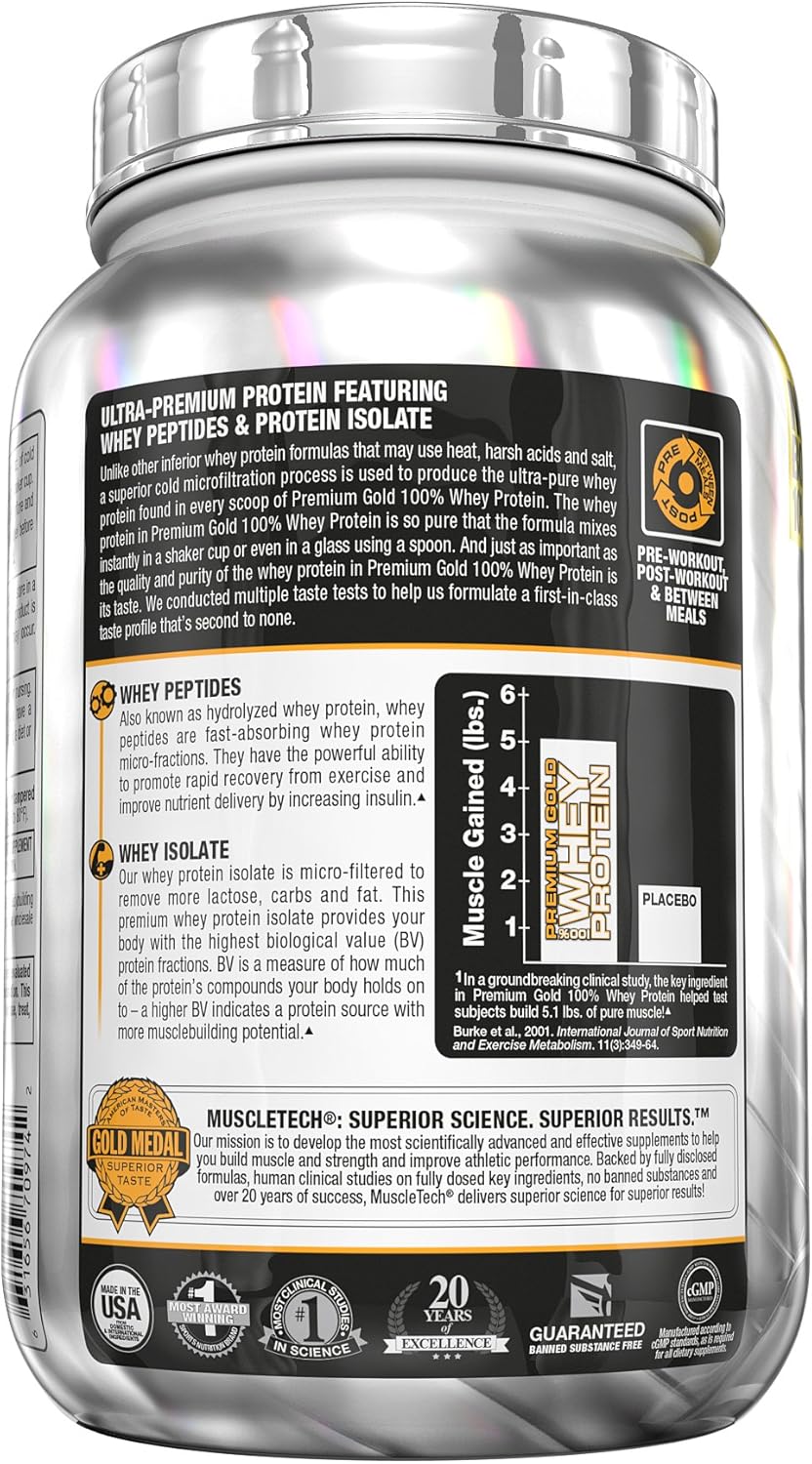 MuscleTech Premium Gold 100% Whey Protein Powder, Whey Protein Isolate & Peptides Shake for Men and Women, 24 Grams of Protein, 5.5g BCAAs, Easy to Mix, Double Rich Chocolate, 2.2 Pounds (30 Servings): Health & Personal Care