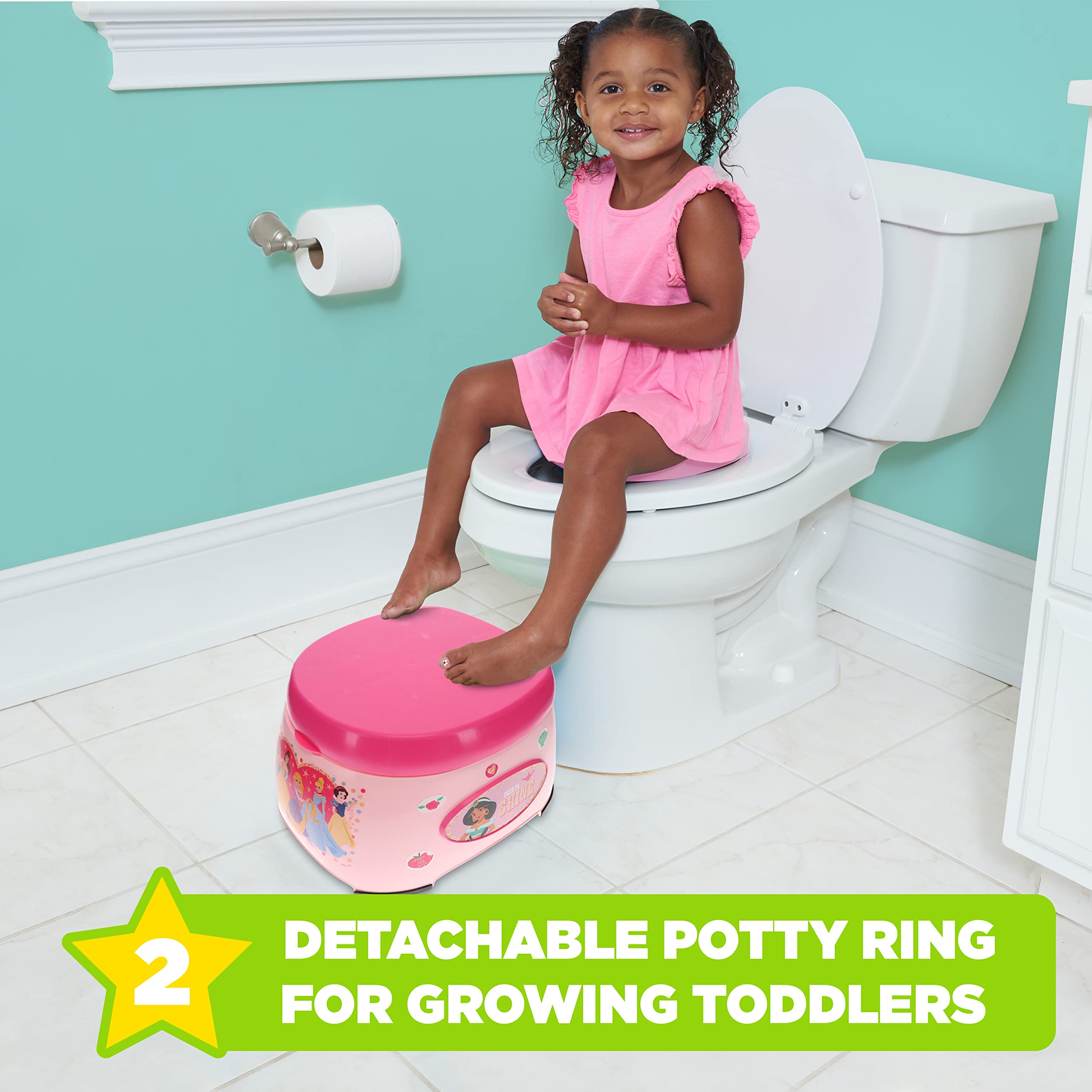 Disney Princess 3-in-1 Potty Training System for Toilet Training Kids, Multi-Stage Potty Training - Floor Potty, Detachable Potty Ring, Step Stool | Toilet Seat for Kids and Toddlers