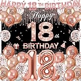 PHXEY 45pcs 18th Birthday Decorations for Girls - 18th Birthday Fabric Backdrop Banner Photo Props Rose Gold - 18 Bday Foil Balloons Letter Banner, 18 Number Balloons - Birthday Decor Kit