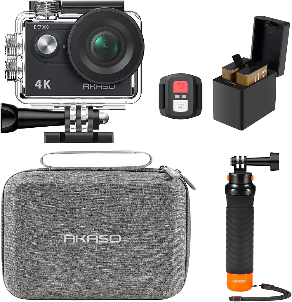 AKASO EK7000 Action Camera Floating Hand Grip Bundle 4K30 2 Batteries