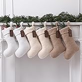 Shinymoon 6 Pcs 18 Inch Neutral Plush Faux Fur Christmas Stockings Large Personalized Rustic Sherpa Luxury Fuzzy Stocking White Brown Beige Xmas Fireplace Stockings with Wooden Tags Farmhouse Decor