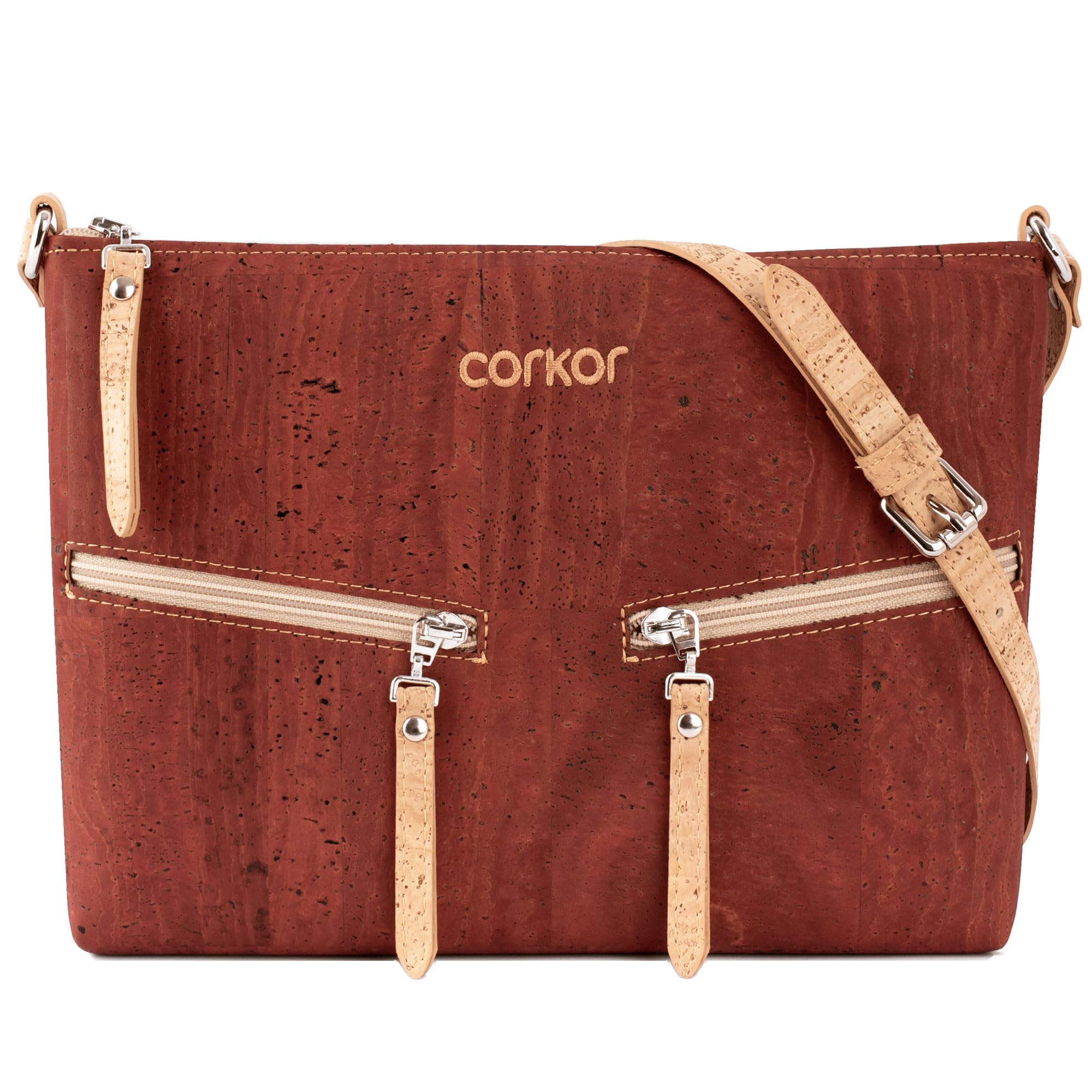 Corkor Across Body Bag for Women Front Pockets Cross Body Strap Vegan Leather Cork Red Color