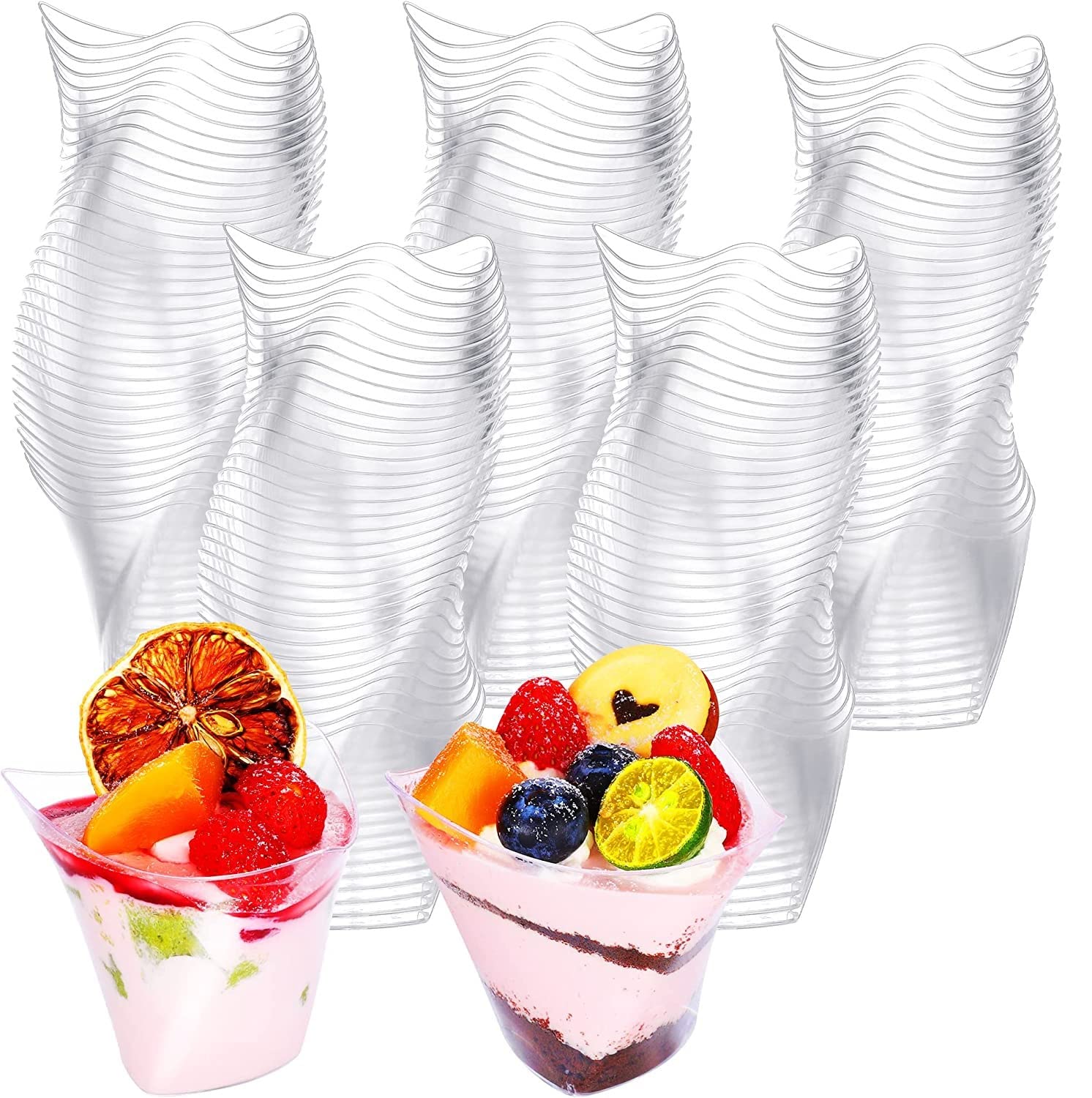 KAHEIGN 50Pcs Plastic Dessert Cups, 150ml Large Swirl Dessert Cups Clear Parfait Appetizer Cup Reusable Serving Bowl for Dessert Pudding Mousse Party (8.9 x 7.6cm)