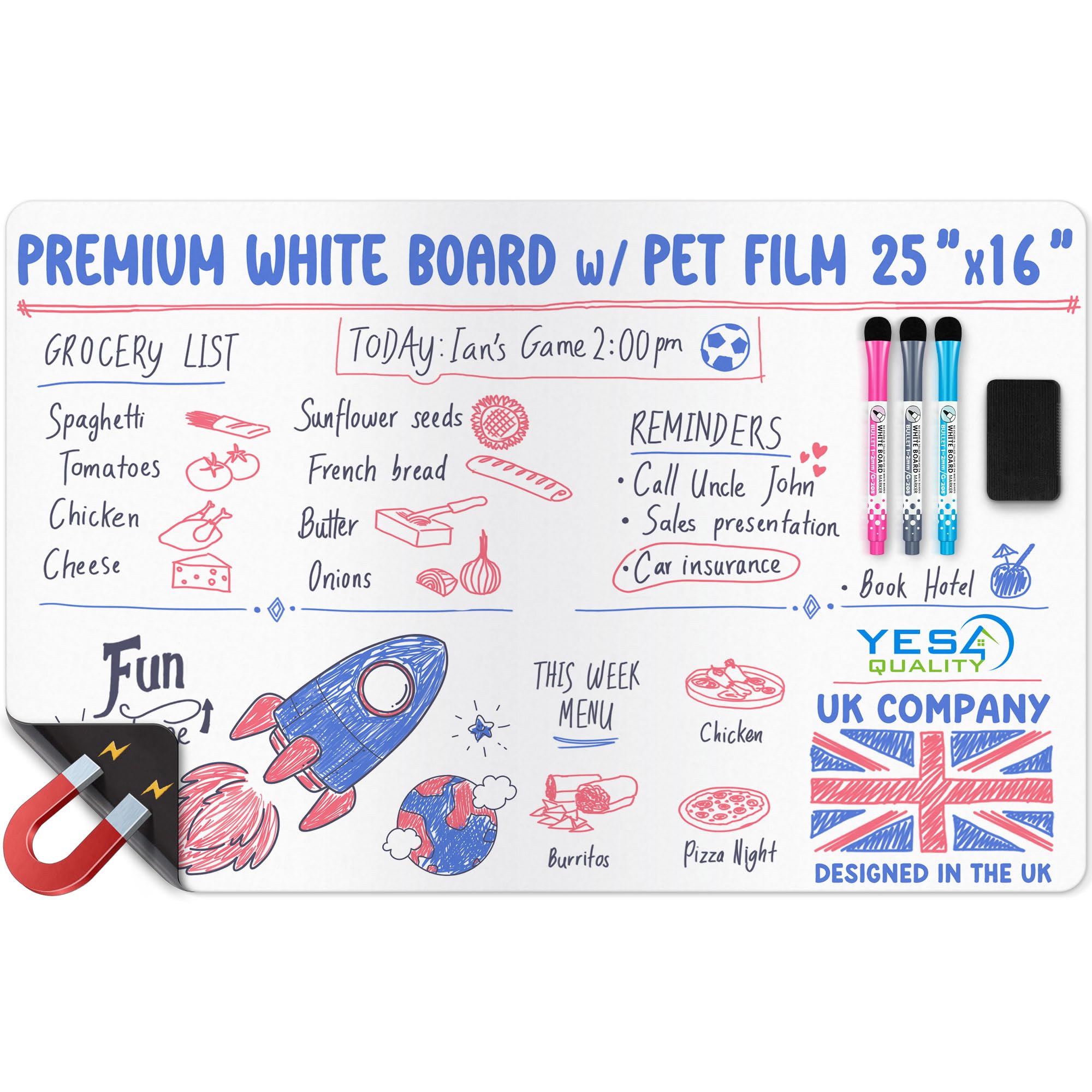 Extra Large Magnetic Dry Erase Whiteboard Sheet for Fridge - 25x16 / 63x40cm - Stain-Resistant with 3 Markers & Big Eraser with Magnets - Refrigerator White Board Planner Organiser - by Yes4Quality