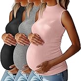 Riyiper 3 Pack 92% Cotton Mock Turtleneck Maternity Tank Tops, Ribbed Sleeveless Side Ruched Slim Pregnancy Shirts for Women