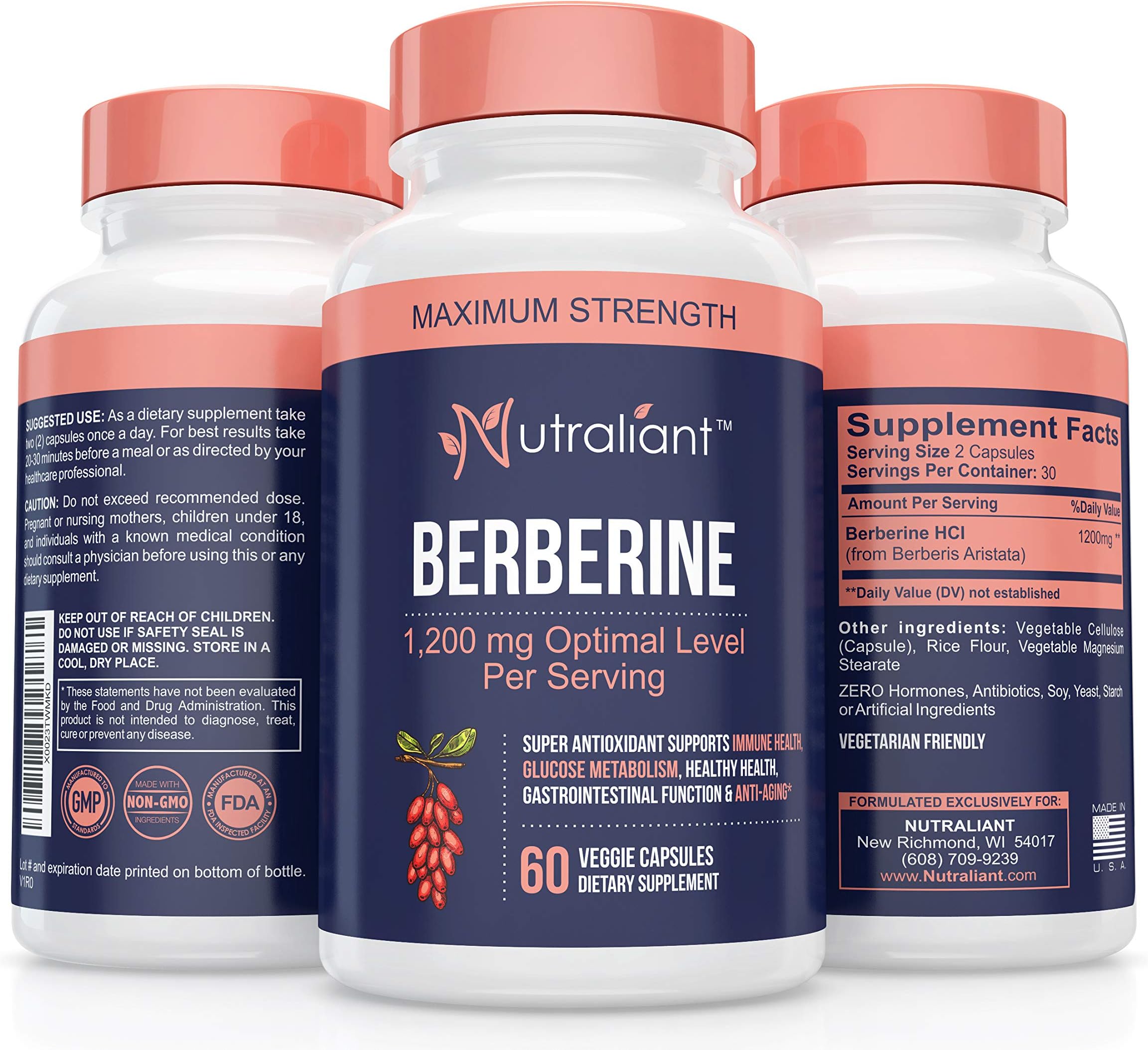 Berberine HCI Extra Strength 1200mg Supplement - Support Lower Blood Sugar Levels, Healthy Glucose Metabolism, Immune System Boost, Cardiovascular & Gastrointestinal Health - 60 Vegetarian Capsules