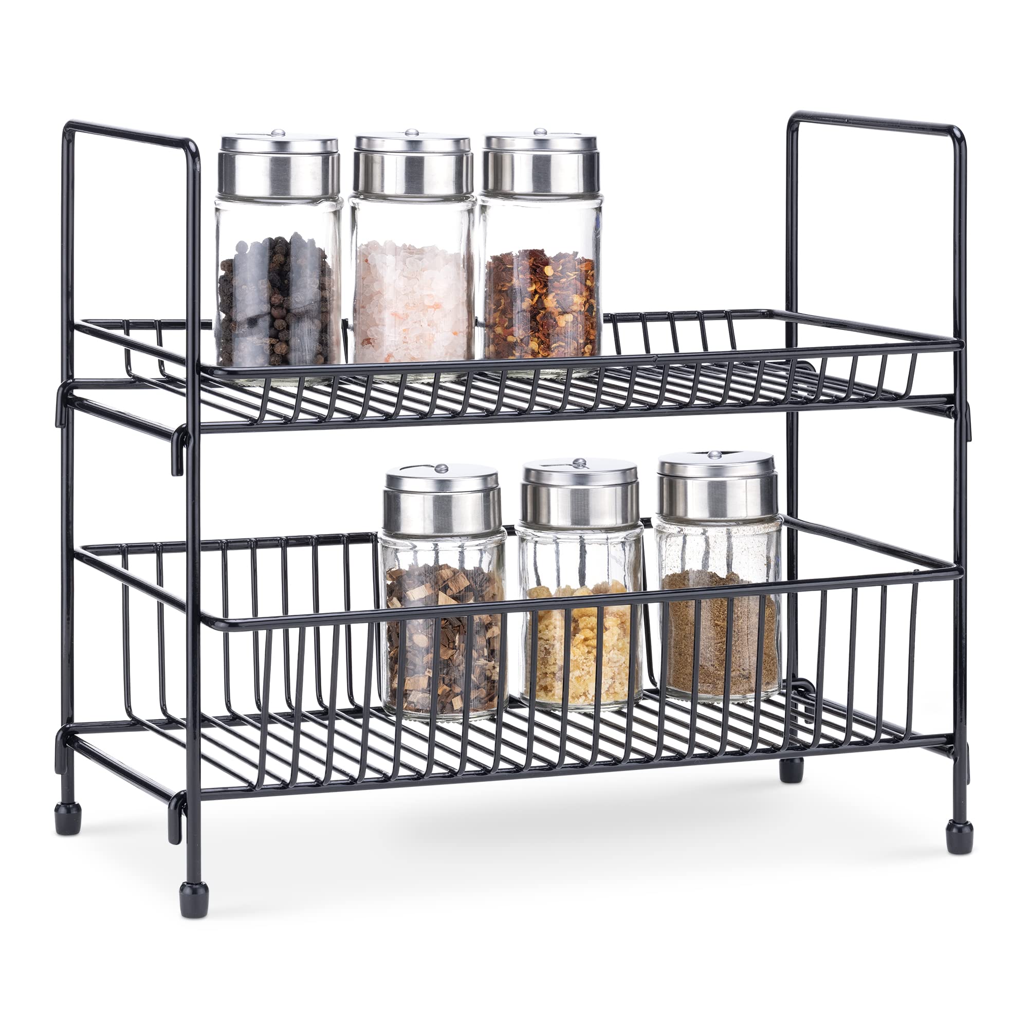 Navaris 2-Tier Spice Rack - Kitchen Countertop Free Standing Organiser for Spices, Herbs, Seasonings - Metal Storage Stand for Ingredients - Black