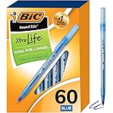 BIC Round Stic Xtra Life Blue Ballpoint Pens, Medium Point (1.0mm), 60-Count Pack of Bulk Pens, Flexible Round Barrel for Wri